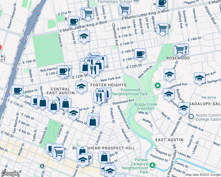 map of restaurants, bars, coffee shops, grocery stores, and more near 1162 Alamo Street in Austin