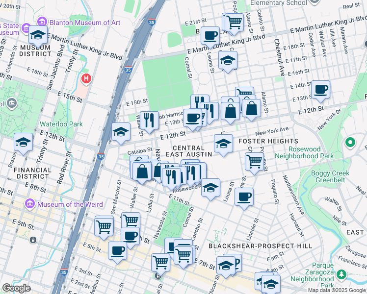 map of restaurants, bars, coffee shops, grocery stores, and more near in Austin