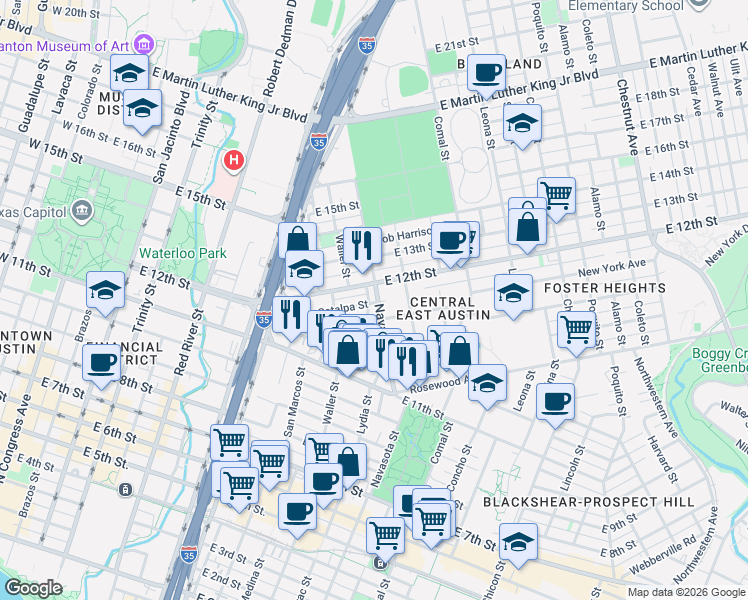 map of restaurants, bars, coffee shops, grocery stores, and more near 1184 Navasota Street in Austin