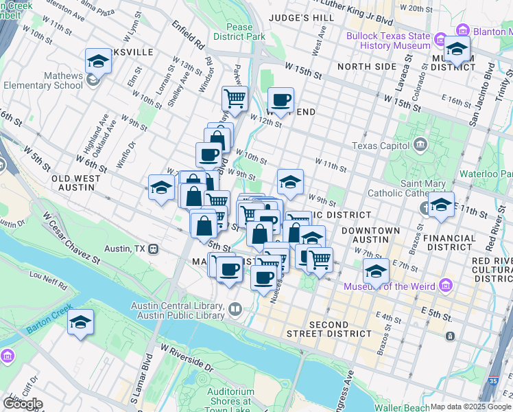 map of restaurants, bars, coffee shops, grocery stores, and more near 702 West Avenue in Austin