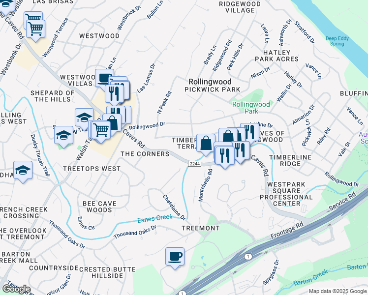 map of restaurants, bars, coffee shops, grocery stores, and more near 3006 Bee Caves Road in Austin