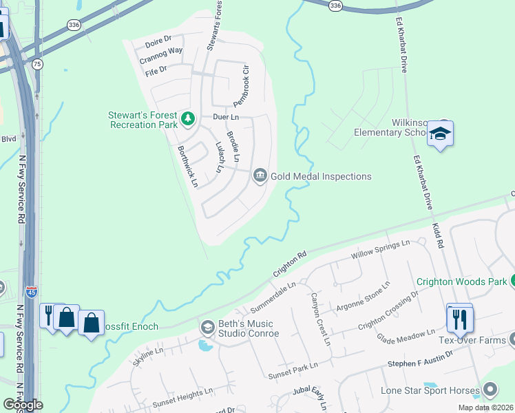 map of restaurants, bars, coffee shops, grocery stores, and more near 2053 Brookmont Drive in Conroe