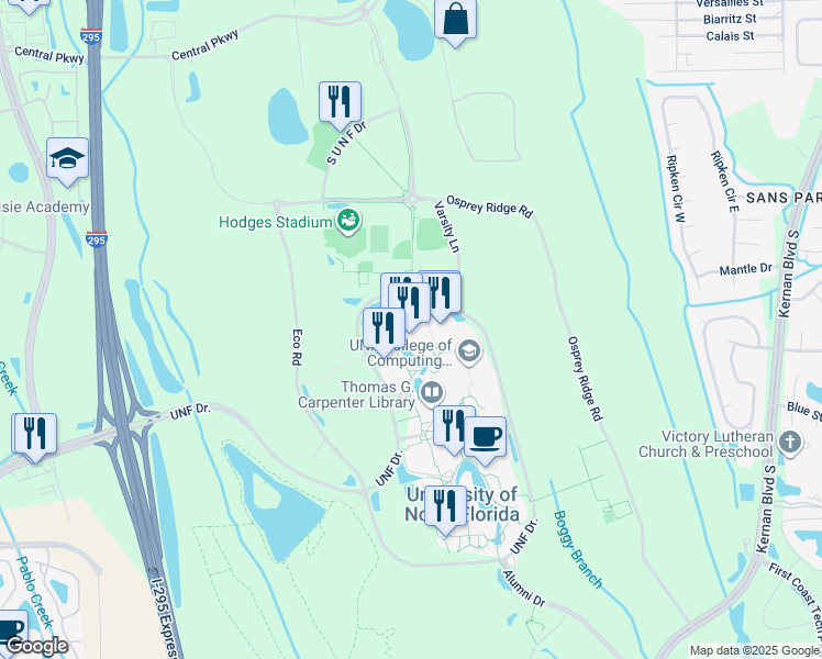 map of restaurants, bars, coffee shops, grocery stores, and more near 1 UNF Drive in Jacksonville