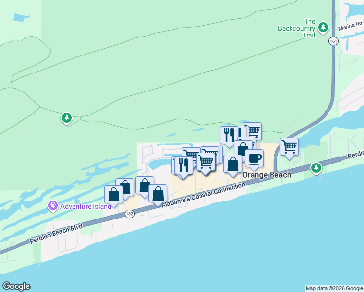 map of restaurants, bars, coffee shops, grocery stores, and more near 25210 Windward Place in Orange Beach