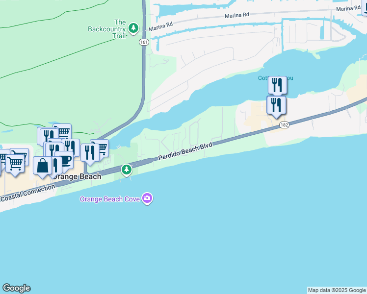 map of restaurants, bars, coffee shops, grocery stores, and more near 26201 Perdido Beach Boulevard in Orange Beach