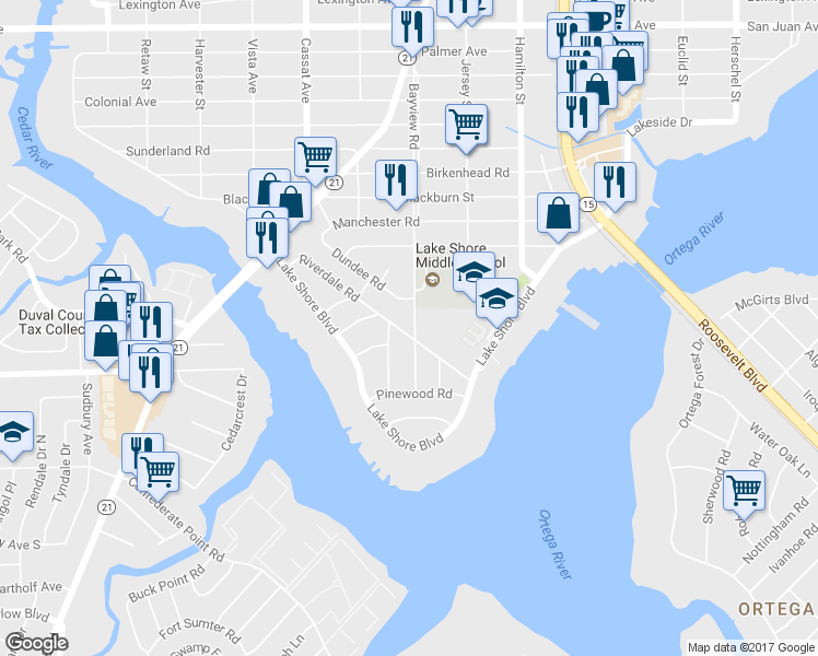 map of restaurants, bars, coffee shops, grocery stores, and more near 4673 Riverdale Road in Jacksonville