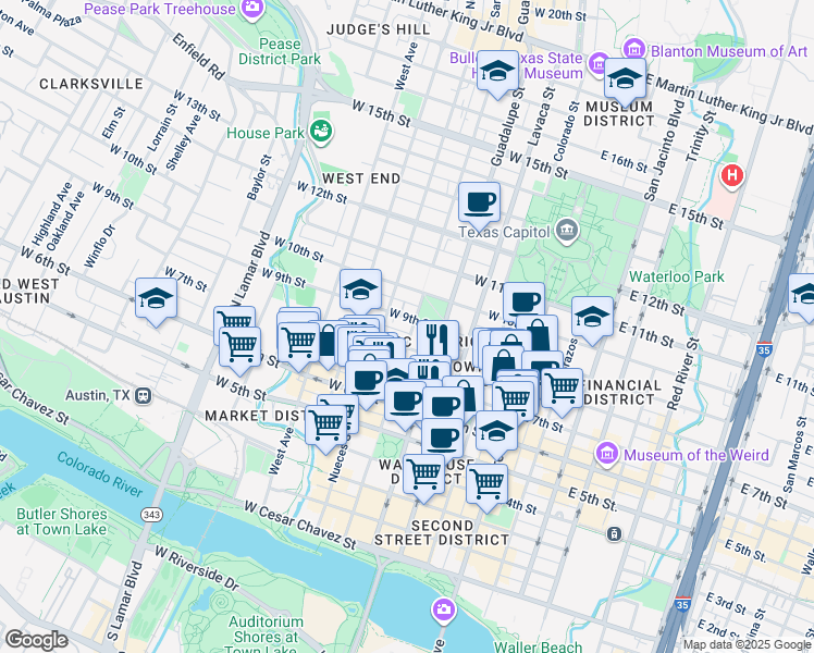 map of restaurants, bars, coffee shops, grocery stores, and more near 401 West 9th Street in Austin