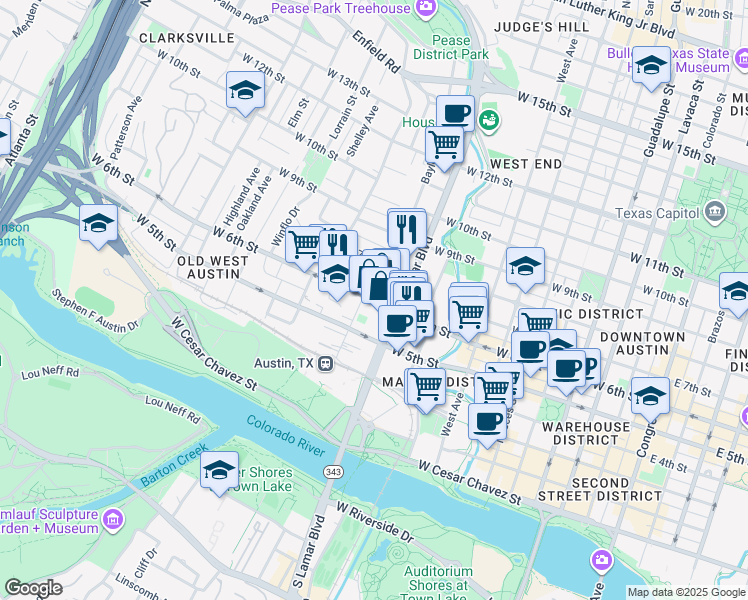 map of restaurants, bars, coffee shops, grocery stores, and more near W 6th St & Baylor St in Austin