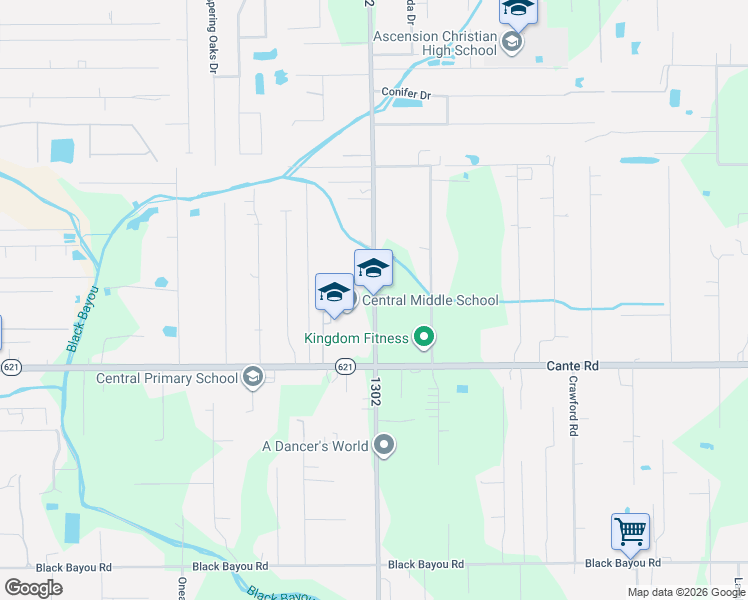 map of restaurants, bars, coffee shops, grocery stores, and more near 14072 Roddy Road in Gonzales