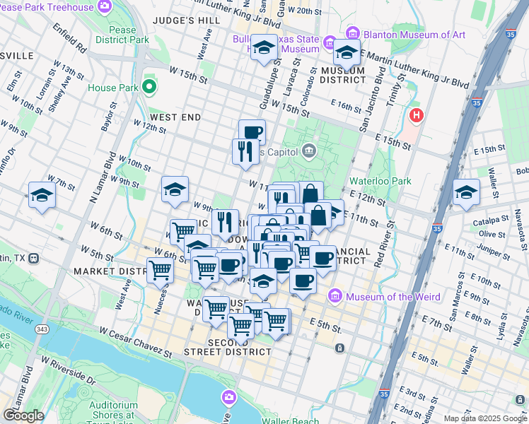 map of restaurants, bars, coffee shops, grocery stores, and more near 920 Colorado Street in Austin