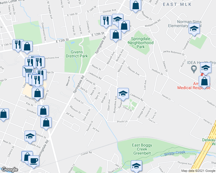 map of restaurants, bars, coffee shops, grocery stores, and more near 1131 Spur Street in Austin