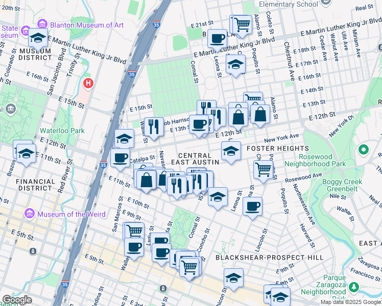 map of restaurants, bars, coffee shops, grocery stores, and more near in Austin