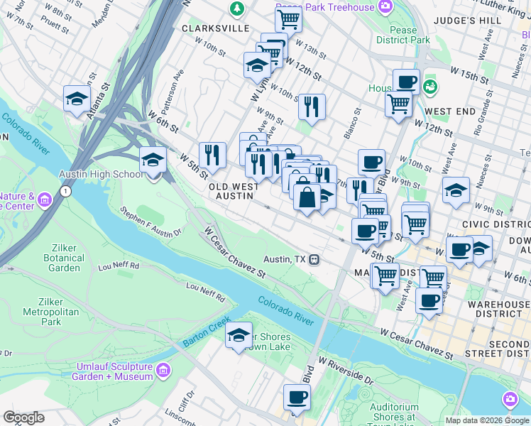 map of restaurants, bars, coffee shops, grocery stores, and more near 401 Orchard Street in Austin