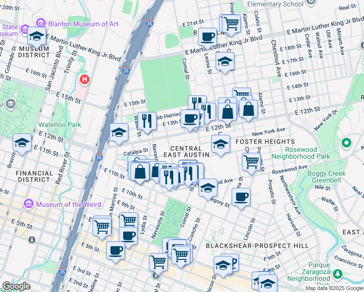 map of restaurants, bars, coffee shops, grocery stores, and more near 1192 Angelina Street in Austin