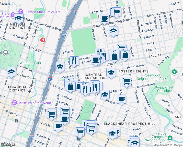 map of restaurants, bars, coffee shops, grocery stores, and more near 1192 Angelina Street in Austin