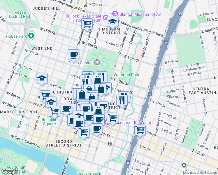 map of restaurants, bars, coffee shops, grocery stores, and more near 309 East 11th Street in Austin