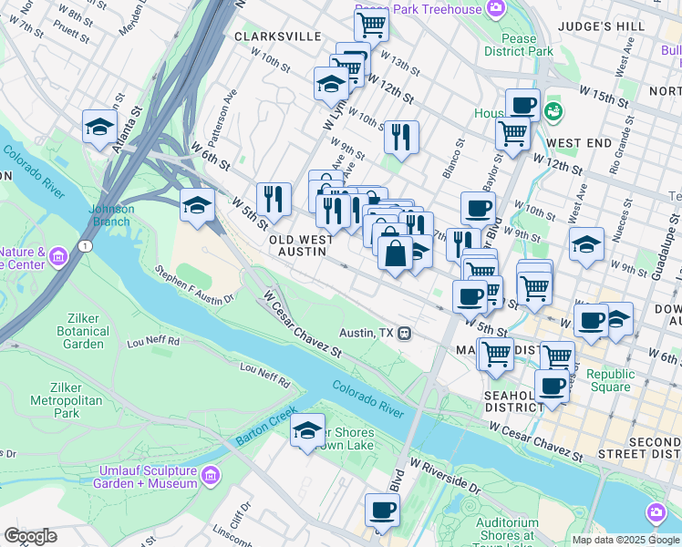 map of restaurants, bars, coffee shops, grocery stores, and more near 401 Orchard Street in Austin