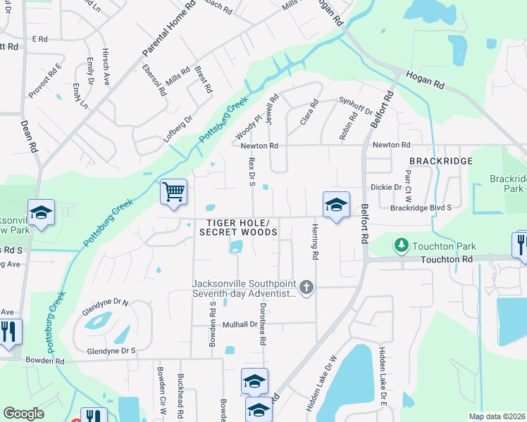 map of restaurants, bars, coffee shops, grocery stores, and more near 7780 Hilsdale Road in Jacksonville