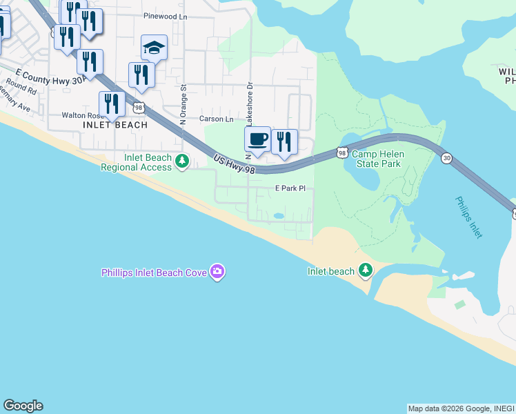 map of restaurants, bars, coffee shops, grocery stores, and more near 36 South Walton Lakeshore Drive in Panama City Beach