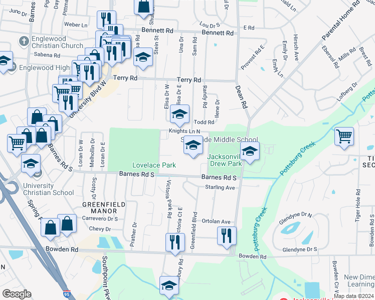 map of restaurants, bars, coffee shops, grocery stores, and more near 6343 Knights Lane North in Jacksonville