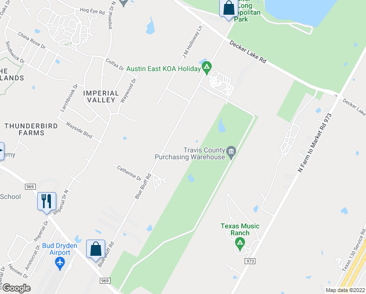 map of restaurants, bars, coffee shops, grocery stores, and more near 5511 Blue Bluff Road in Austin