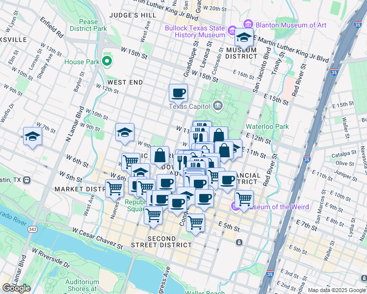 map of restaurants, bars, coffee shops, grocery stores, and more near 901-999 Colorado Street in Austin