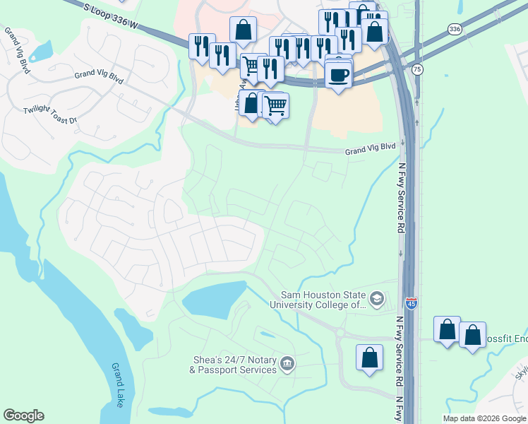 map of restaurants, bars, coffee shops, grocery stores, and more near Conference Center Road in Conroe