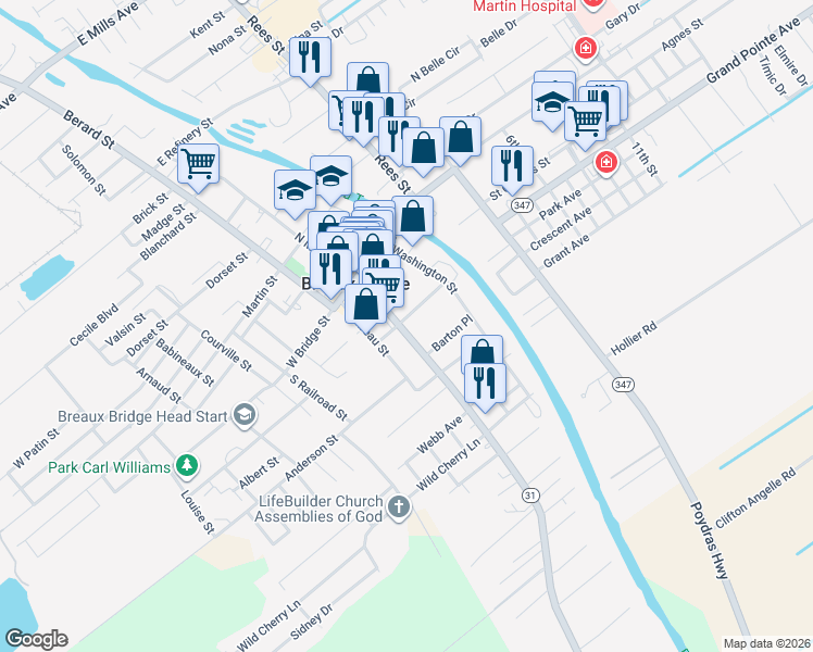 map of restaurants, bars, coffee shops, grocery stores, and more near 316 South Main Street in Breaux Bridge