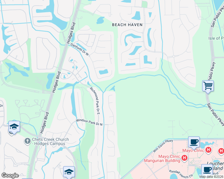 map of restaurants, bars, coffee shops, grocery stores, and more near 4011 Windsor Park Drive East in Jacksonville