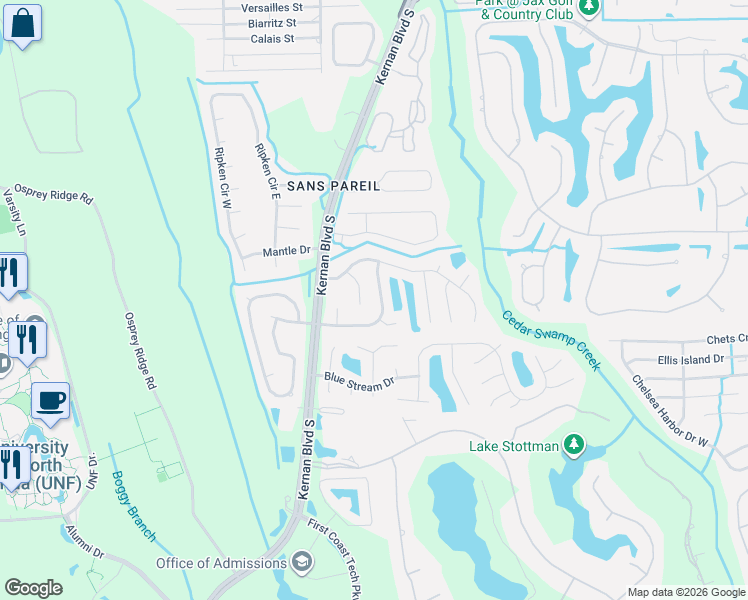 map of restaurants, bars, coffee shops, grocery stores, and more near 4487 Hunters Haven Lane East in Jacksonville