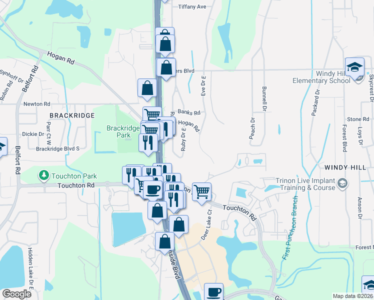 map of restaurants, bars, coffee shops, grocery stores, and more near 4183 Ruby Drive West in Jacksonville