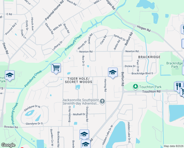 map of restaurants, bars, coffee shops, grocery stores, and more near 3003 Bridgestone Drive in Jacksonville
