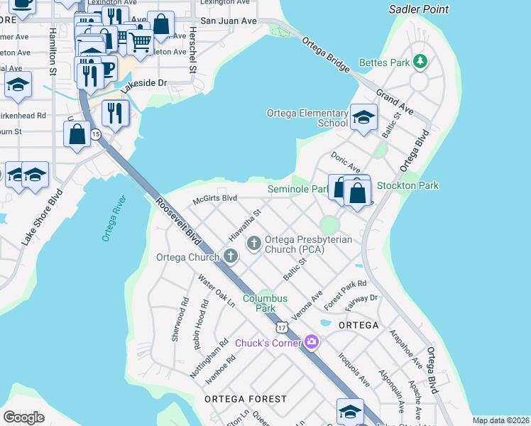 map of restaurants, bars, coffee shops, grocery stores, and more near 2717 Apache Avenue in Jacksonville