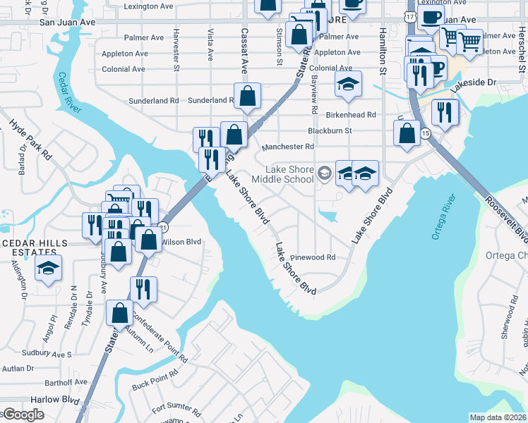 map of restaurants, bars, coffee shops, grocery stores, and more near 2626 Lake Shore Boulevard in Jacksonville