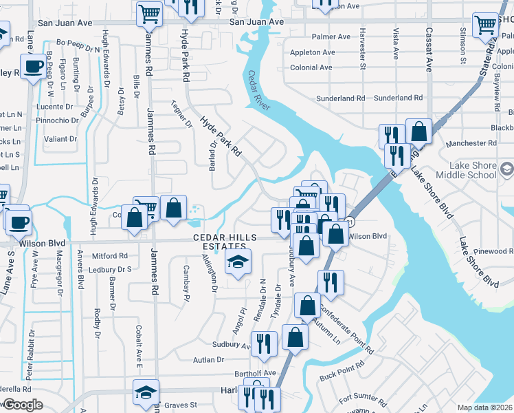 map of restaurants, bars, coffee shops, grocery stores, and more near 6101 Woodside Drive in Jacksonville