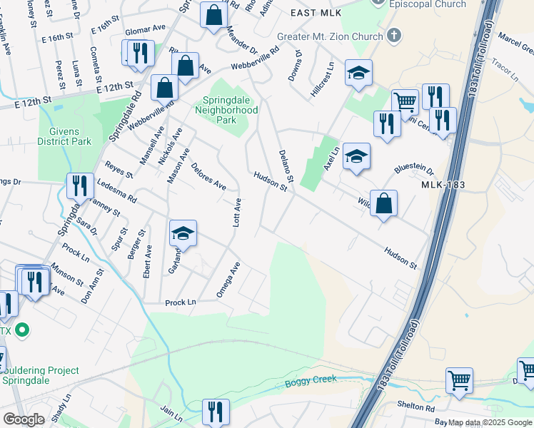 map of restaurants, bars, coffee shops, grocery stores, and more near 1115 Eleanor Street in Austin