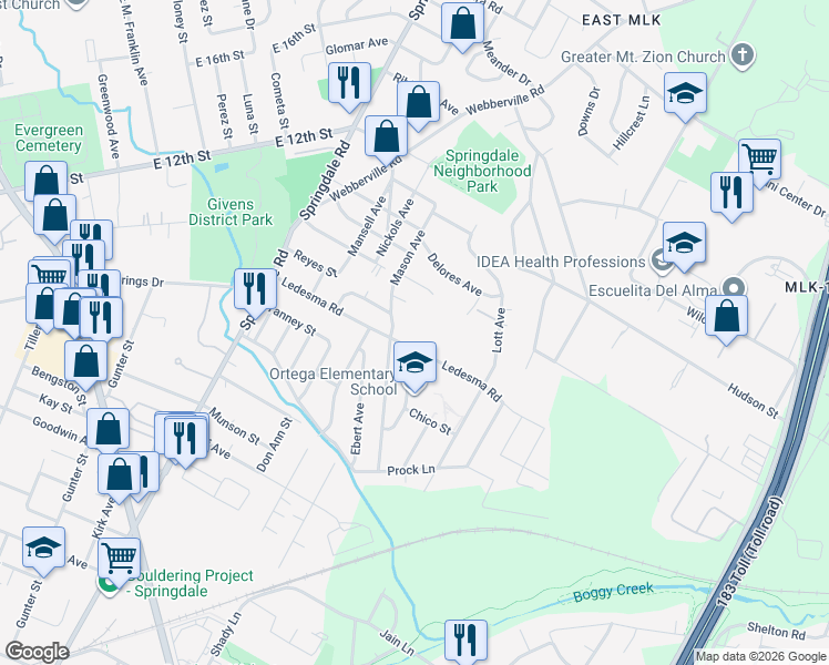 map of restaurants, bars, coffee shops, grocery stores, and more near 5214 Ledesma Road in Austin