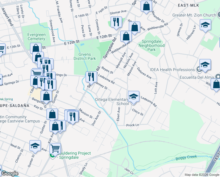 map of restaurants, bars, coffee shops, grocery stores, and more near 1131 Spur Street in Austin