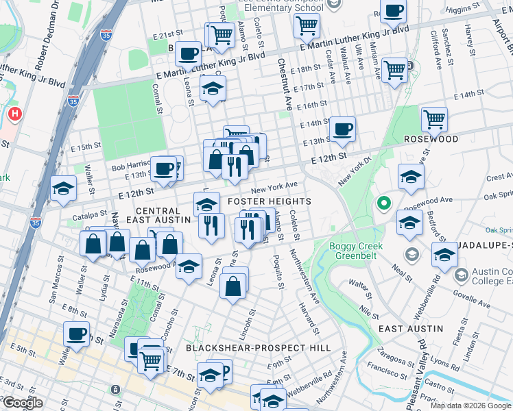 map of restaurants, bars, coffee shops, grocery stores, and more near in Austin
