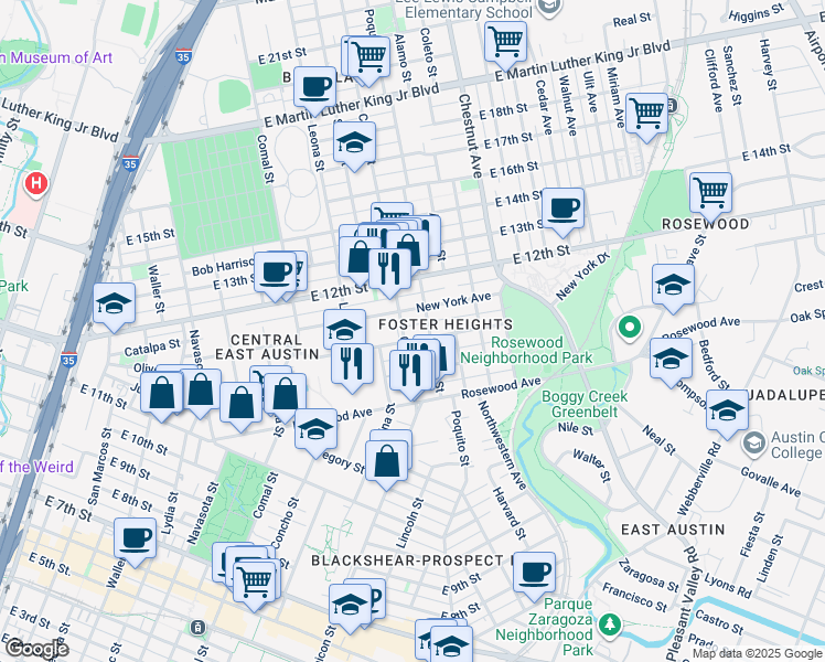 map of restaurants, bars, coffee shops, grocery stores, and more near 1903 Pennsylvania Avenue in Austin