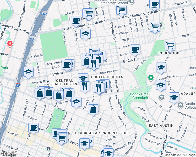 map of restaurants, bars, coffee shops, grocery stores, and more near in Austin