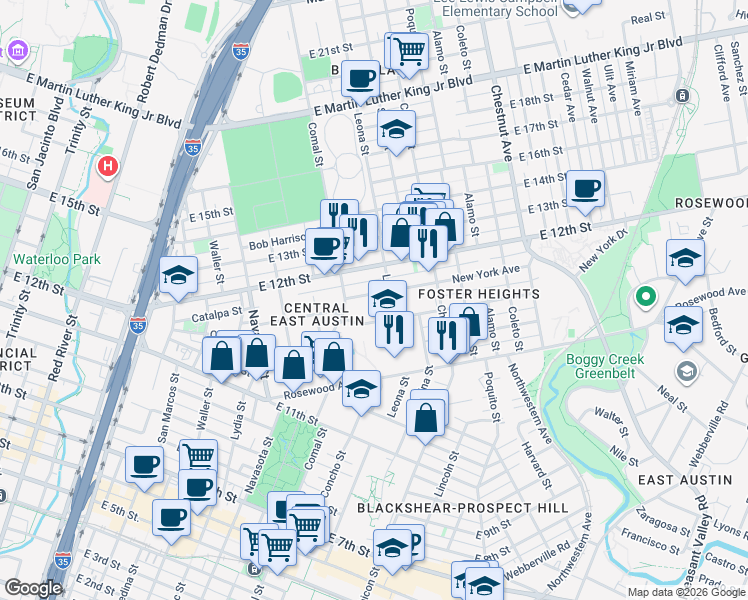map of restaurants, bars, coffee shops, grocery stores, and more near 1612 Pennsylvania Avenue in Austin