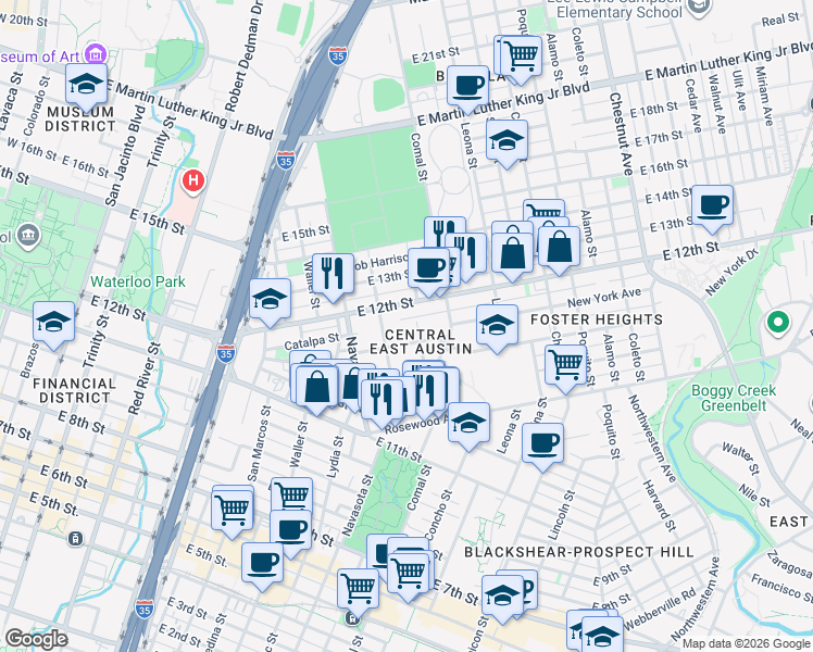 map of restaurants, bars, coffee shops, grocery stores, and more near in Austin