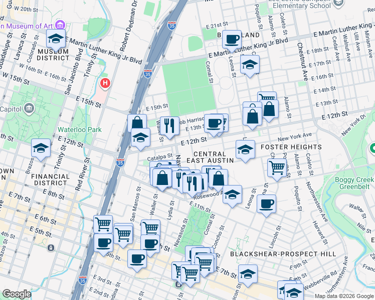 map of restaurants, bars, coffee shops, grocery stores, and more near 1190 San Bernard Street in Austin