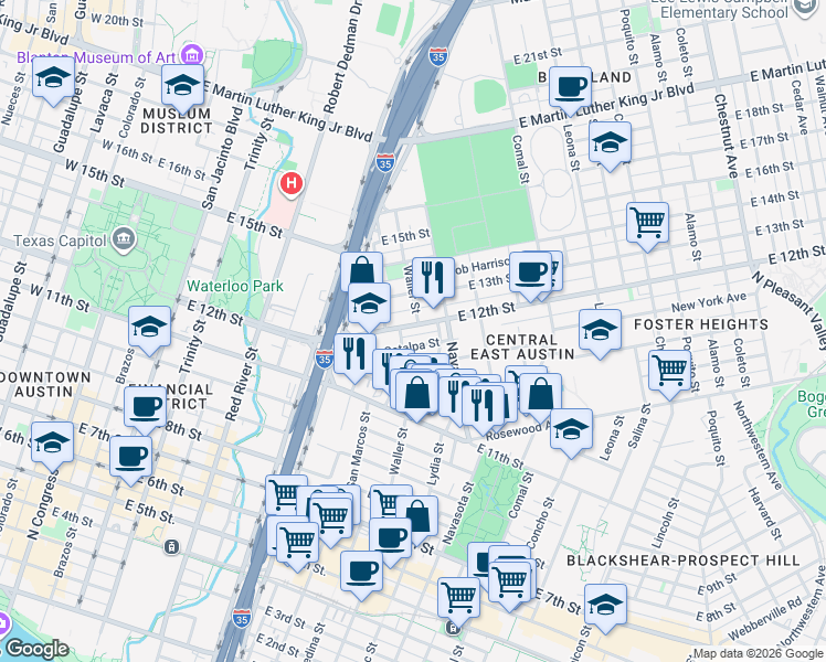 map of restaurants, bars, coffee shops, grocery stores, and more near 1001 Catalpa Street in Austin