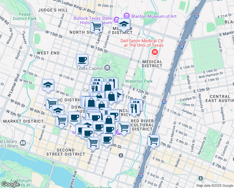map of restaurants, bars, coffee shops, grocery stores, and more near 1101 San Jacinto Boulevard in Austin