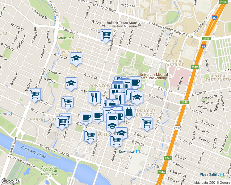 map of restaurants, bars, coffee shops, grocery stores, and more near 920 Colorado Street in Austin