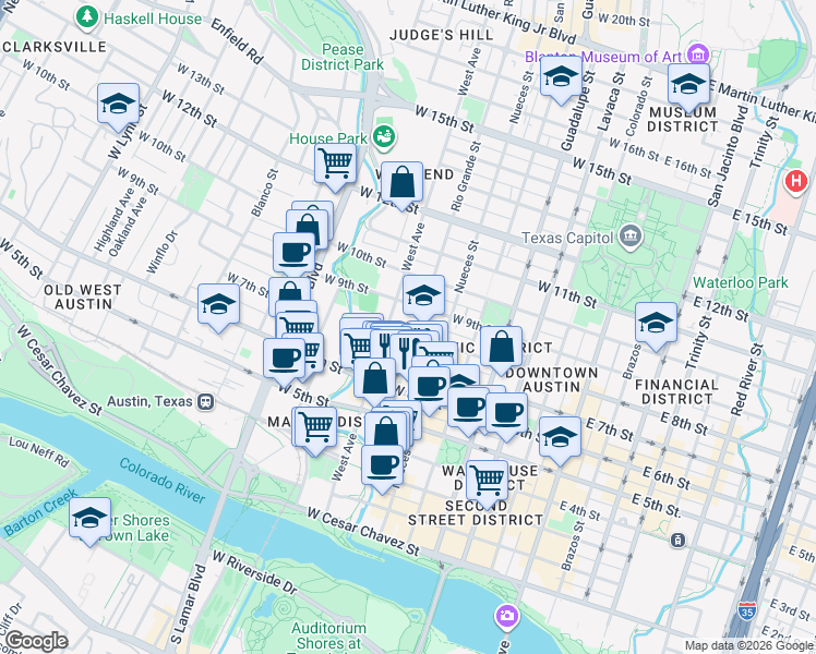 map of restaurants, bars, coffee shops, grocery stores, and more near 706 Rio Grande Street in Austin