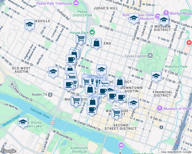 map of restaurants, bars, coffee shops, grocery stores, and more near 704 Rio Grande Street in Austin