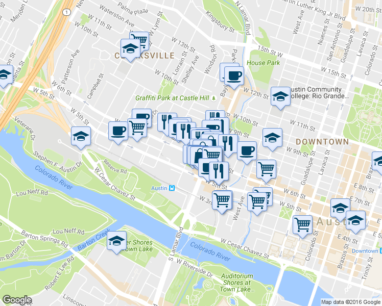 map of restaurants, bars, coffee shops, grocery stores, and more near 1009 West 6th Street in Austin